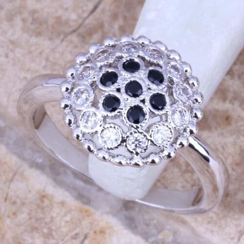 Perfect Black Cubic Zirconia White CZ Silver Plated Womens Ring Size 6 / 7 / 8 / 9 R0993