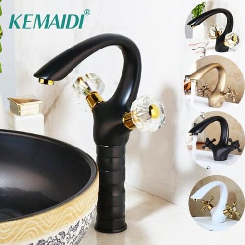 KEMAIDI Antique Brass Polished Black 2 Handles Basin Mixer Faucet Black Swan Design Bathroom Basin Sink Mixer Tap Faucets Brass