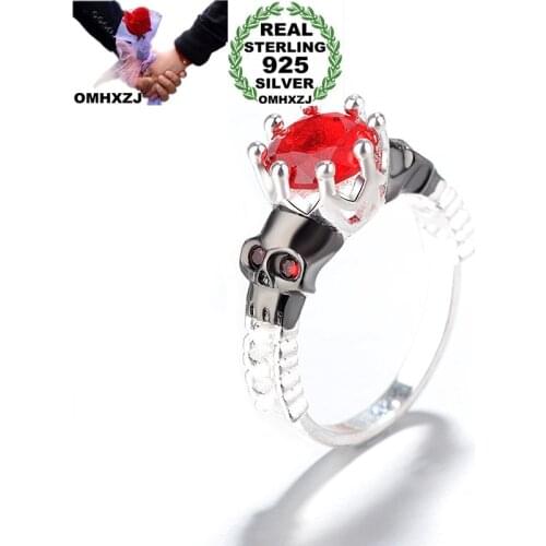 OMHXZJ Wholesale European Fashion Woman Man Party Birthday Wedding Gift Punk Round Red Zircon 925 Sterling Silver Ring RR1010
