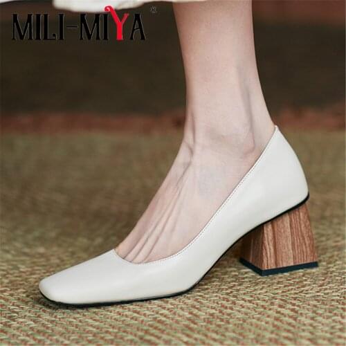 MILI-MIYA New Arrival Thick Heels Women Cow Leather Square Toe Pumps Solid Color Slip On Spring Autumn Office Career Shoes