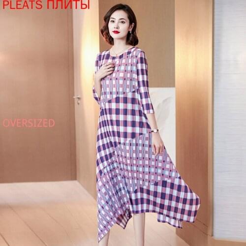 Colorblock Printing Three-quarter Sleeves Loose Plus Size Fashion Dress MIYAKE PLEATS Vestido Shein Roupas Femininas Robes