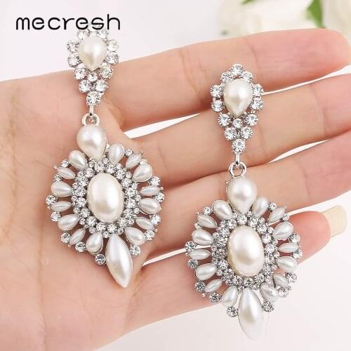 Mecresh Fashion Simulated Pearl Women Drop Dangle Earrings Silver Color Crystal Teardrop Bridal Wedding Party Earrings MEH1709