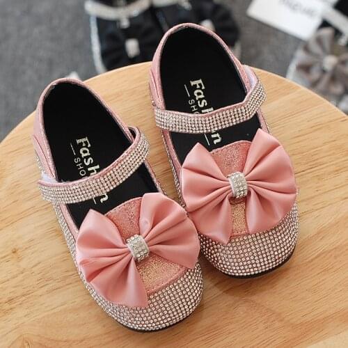 2020 new girls leather shoes autumn fashion diamond bow tie kids girls princess single shoes toddler girls sneakers