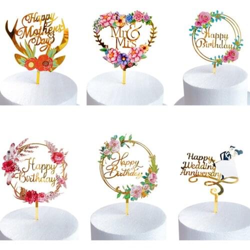 New flowers Happy Birthday Cake Topper Golden Acrylic Happy Birthday party Dessert decoration for Baby shower Baking supplies