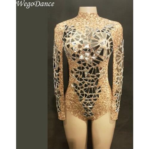 New Sexy Gold Mirrors Mesh Bodysuit Leotard Dance Performance Costume Sexy Transparent Net Costume Stage Dance Wear