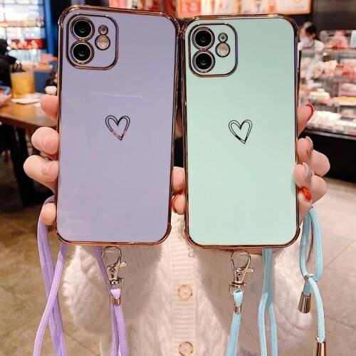Square Plating Edge Heart Shockproof Phone Case for iPhone 12 Mini 11 Pro XS Max Hanging Lanyard Rope Crossbody Soft TPU Cover