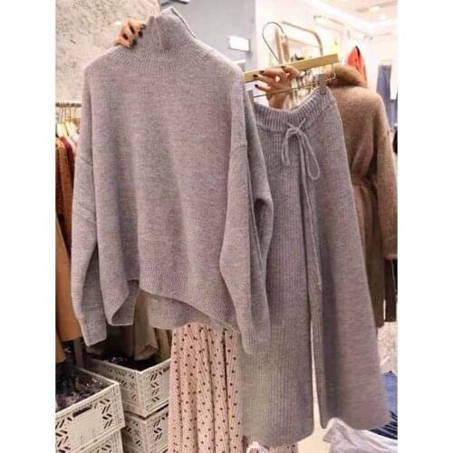 Autumn winter turtleneck sweater and pullovers warm knitted 2 piece set elastic waist knit ants suit tracksuit loose