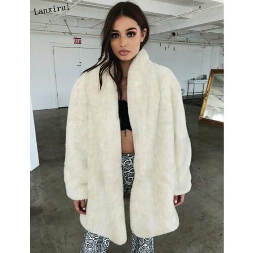 Fashion Furry Faux Fur Coat Women Fluffy Warm Long Sleeve Female Outerwear Autumn Winter Coat Jacket Hairy Collarless Overcoat