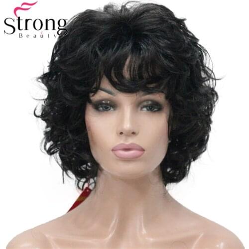 StrongBeauty Short Fluffy Layered Curly Black Full Synthetic Wig for Women