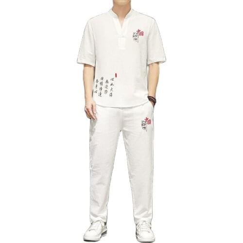 Shirt + trousers) 2021 summer men embroidery shirt Man Cotton and linen shirts Short sleeve mens fashion casual shirts men