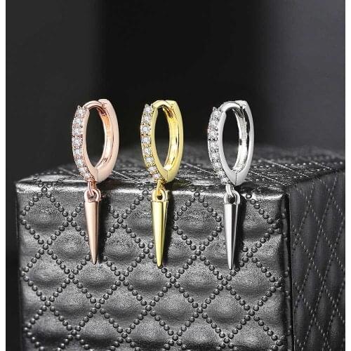 Hip Hop Punk Drop Earrings For Women Cone Shaped Rose Gold Color Zircon Mens Ear Hoop Accessories Jewelry Gift Wholesale KBE151