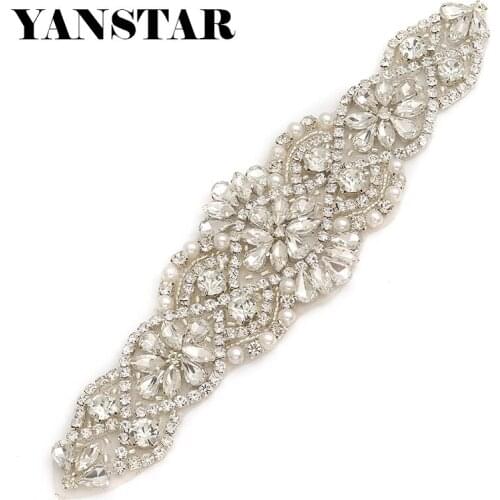 YANSTAR 5PCS Silver Rhinestone Appliques For Wedding Gown Clear Crystal Beads Sew On Bridal Dress YS837