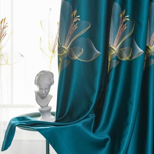 Modern Lily Embroidered Window Blackout Curtain Full Shading Finished Bedroom Living Room Balcony Curtain Fabric