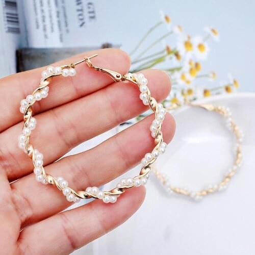 New Arrival 1 Pair Imitation Pearl Big Circle Metal Earrings For Women Earrings Party Fringed Jewelry