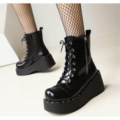 PXELENA Plus Size 34-43 Rivet Zip Platform Creepers Women Wedge High Heel Punk Rock Gothic Combat Motorcycle Ankle Boots Cosplay