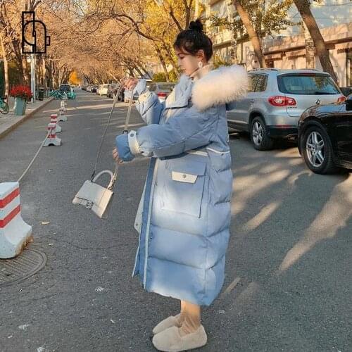 Luck A 2021 Winter Women Thick Warm Coats Female Elegant Fur Collar Long Coats Lady Pocket Hooded Outerwears Blue White Parkas