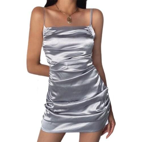 Women Sexy Satin Silk Spaghetti Strap Backless Bodycon Party Dress Summer Casual Dress Skinny Pleated Short Mini Dresses hot