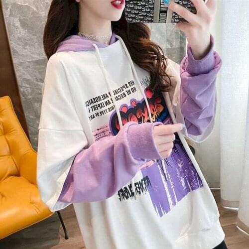 2021 Autumn Winter Fake Two-piece Anime Hoodies Womens Mid-length Student All-match Tops New Korean Version Loose Goth Clothes