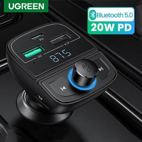 Ugreen Quick Charge 4.0 3.0 Car Phone Charger 20W PD Charging Bluetooth 5.0 FM Transmitter USB Car Charger Kit Audio MP3 Player