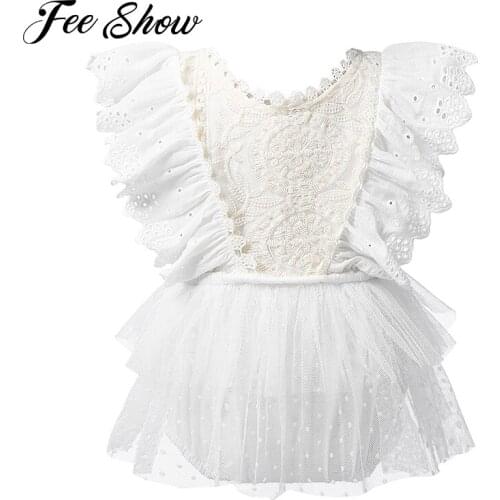 Newborn Infant Baby Toddler Girls One-Piece Ruffled Flutter Sleeves Lace Embroidery V-Back Tulle Romper Dress for Birthday Party