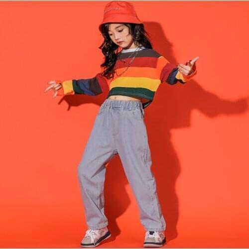 Long Sleeve Dance Costume Kids Denim Pants Korean Dance Costume Girls Hip Hop Costume Kids Hiphop T-shirt Rainbow Pattern