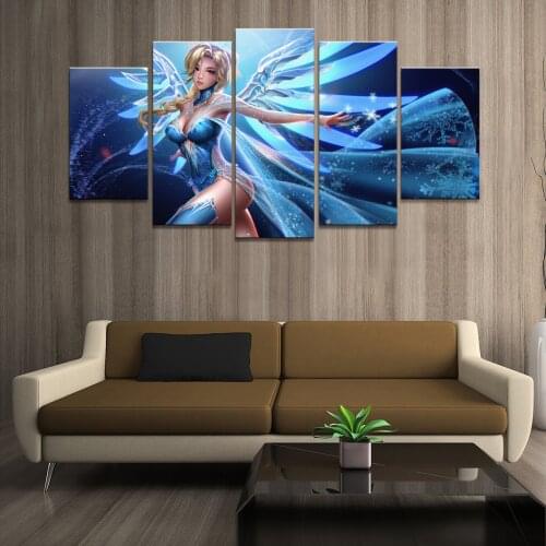 Home Decor Poster HD Pictures Prints Canvas 5 Piece Modular Ice and Snow Mercy Overwatch Game Living Room Decorative Painting