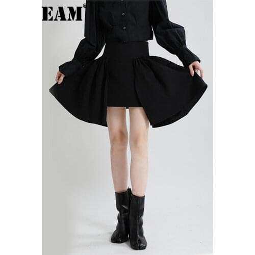 [EAM] High Elastic Waist Black Big Hem Irregular Casual Mini Half-body Skirt Women Fashion Tide New Spring Autumn 2021 1DE2483