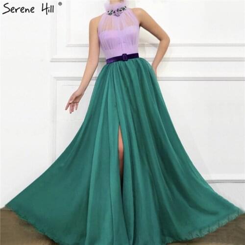 Purple Green A-Line Sexy Evening Dresses Long 2020 Latest Design High Neck Diamond Formal Dress Serene Hill LA70085