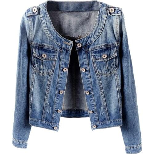 Denim Jacket Women O neck Slim Long-sleeved Jeans Jacket Large size Single-breasted Outerwear Womens Basic Coat Casual Tops 5XL