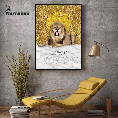Lion Canvas Painting Room Decor Creative Animal Poster Golden Wall Stickers Living Room Bedroom Home Aesthetic Decoration