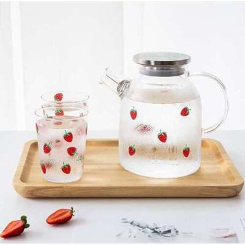 Cartoons Strawberry Glass Water Pot Set Kettle Milk Cup Juice Water Drinking Cup Big Capacity Water Bottle with Handle Mug