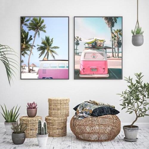Pink Bus Beach Landscape Painting Palm Tree Surfboard Photo Poster Canvas Print Wall Pictures for Living Room Wall Art Decor