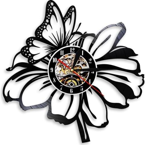 Butterfly On Flower Wall Clock Modern Design Vinyl Clock Nature 3D Wall Watches Floral Wall Decor For Living Room Bedroom