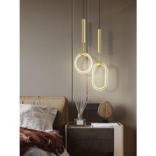 Nordic minimalist bedroom bedside chandelier living room dressing modern golden round long small chandelier light luxury