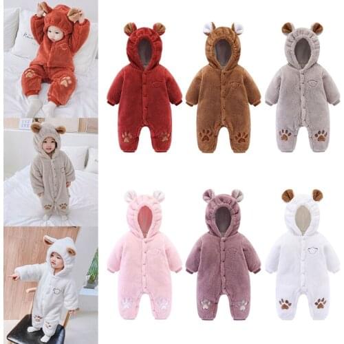Newborn Baby Winter Long Sleeve Toddler Infant Casual Outfits Clothes Solid Color Soft Warm Fuzzy Hooded Romper Jumpsuit D0AF