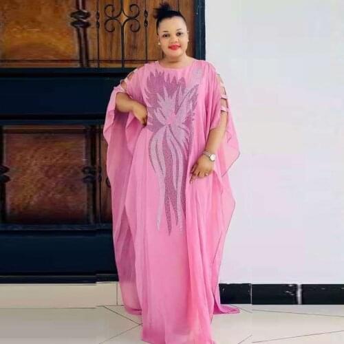 African Chiffon Dress Women Hollow Batwing Sleeve Boubou Summer New Stick Diamonds Elegant Casual African Dresses Vestidos 2021