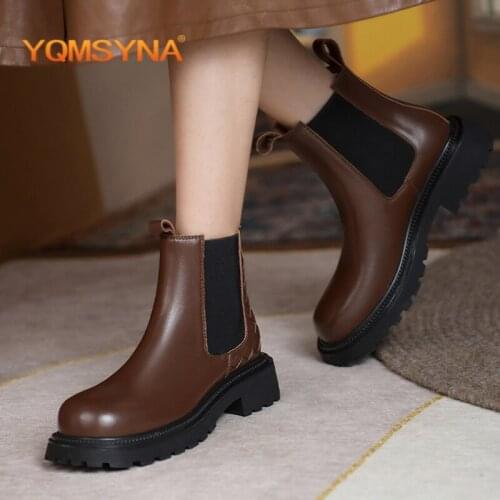 YQMSYNA Casual Ankle Boots Square Heel Genuine Leather Round Toe Non-slip Chelsea Boots Fashion Weave Lady Commute Shoes AS353