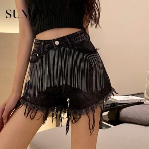 Sungtin High Waisted Tassel Short Jeans Pants for Women Straight Black Hot Denim Shorts Korean Fashion Summer High Street Shorts