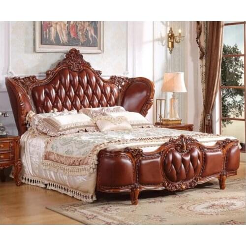 Modern european solid wood bed Fashion Carved leather french bedroom furniture xhc008
