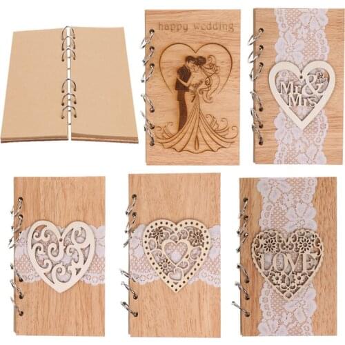 Wedding Guestbook Hollow-out Heart LOVE Mr & Mrs Wooden Carving Cover Guest Sign-in Book Wood Craft Notebook Wedding Supplies