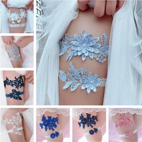 2pcs Wedding Garter Navy White Embroidery Floral Sexy Garters Women/Female/Bride Thigh Ring Bridal Lace Leg Ring Loop