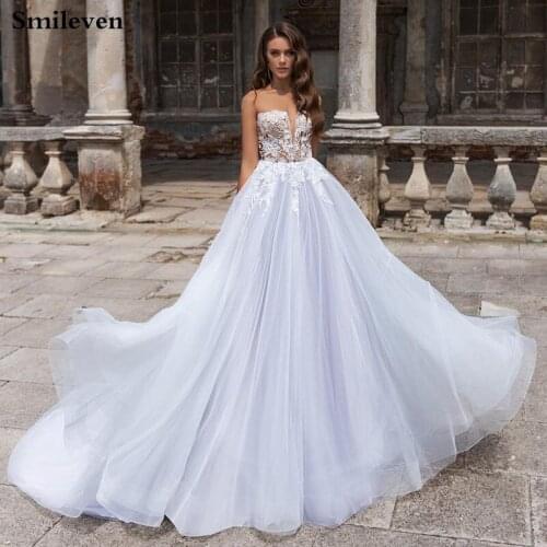 Smileven Boho Shinny Wedding Dress 2020 A Line Princess Bride Dresses Appliqued Wedding Gowns Illusion Back Vestido De noiva