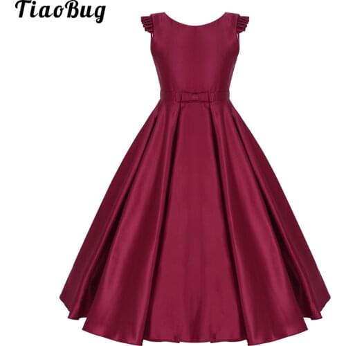 TiaoBug Kids Girls Satin Ruffled Fly Sleeves Bowknot Flower Girl Dress Princess Pageant Wedding Bridesmaid Birthday Party Dress