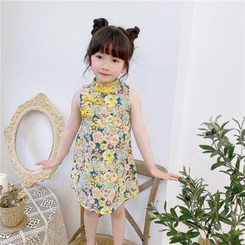 Traditional Costume Floral Princess Dresses Kids Vest Dress Girls Baby Modifie Cheongsam Retro Clothes Sleeveless Dress For Girl