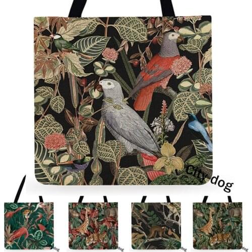 Waterproof Tote Bag Green tropical plant leaves animal flamingo kangaroo giraffe hippo leopard Shoulder Shopping Bag