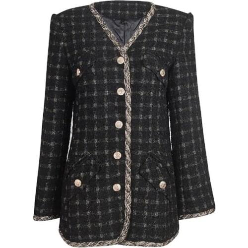 French style sprng autumn small fragrance knitted plaid jacket women single breasted v-neck loose outerwear