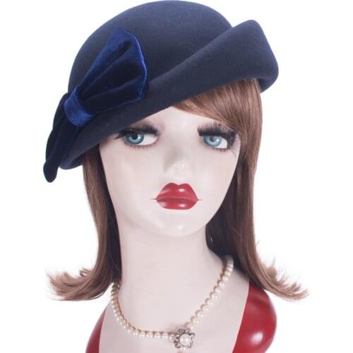 Womens Velvet Bow Vintage Style 100% Wool Felt Beret Derby Plain Hat T476