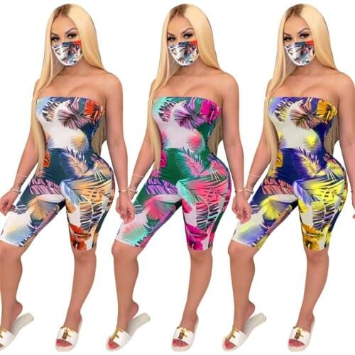 Echoine Sexy leaf Print sleeveless strapless Bodycon Women jumpsuit Summer Beach Party Playsuits Short Pant Rompers With a mask