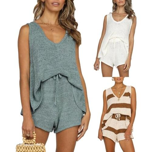 Women Solid Color Sleeveless Vest Top Drawstring Shorts Loose Knitted Outfits Knitted Drawstring Comfortable to Wear 2020