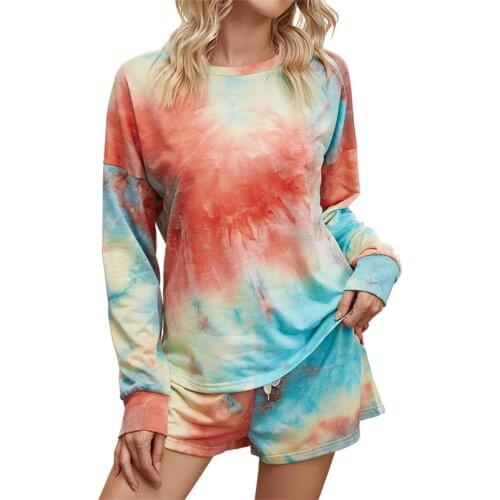 New Fashion Women Ladies Tie-dye Long Sleeve Top and Drawstring High Waist Shorts 2pc Homewear Sets Female Sleepwear